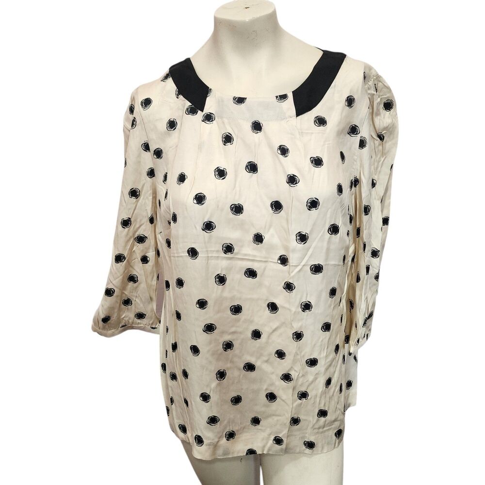 Boden Polka Dot Blouse Womens 8‎ Ivory Black Silk 3/4 Sleeve Career Top